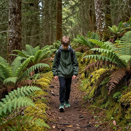 Photograph of a young boy with short brown hair, wearing a black jacket and black pants, walking on a forest path lined with vibrant green ferns