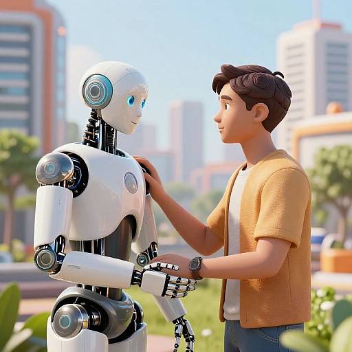 CGI image of a human male gently touching a white robot's shoulder in a sunny urban park with blurred buildings.