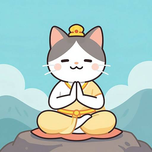 Cute, cartoon-style white cat with gray ears and blush, wearing a yellow robe and golden headpiece, meditating with hands together on a rock