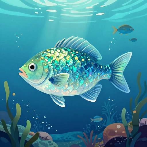 Vibrant digital illustration of a colorful, bioluminescent fish with shimmering scales, swimming underwater among coral and other fish, with sunlight filtering