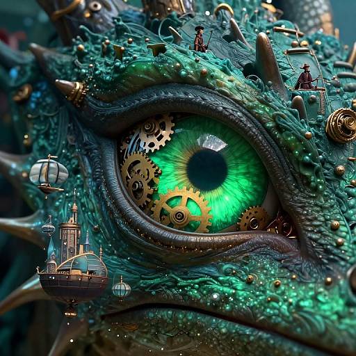 Digital artwork of a detailed, blue-green dragon's eye with glowing green gears, surrounded by miniature steampunk buildings and figures.