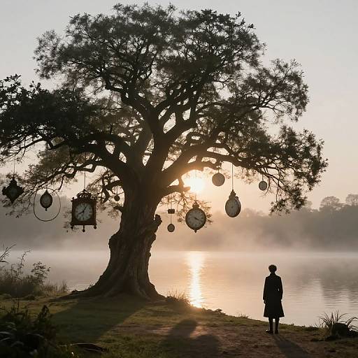 Silhouetted person stands by a large tree with hanging clock faces, sunset over misty lake, serene and mystical atmosphere.