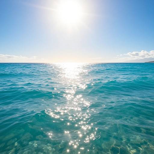 Photograph of a bright sun reflecting on sparkling blue ocean water, with clear, shallow waves and a distant horizon under a clear sky.