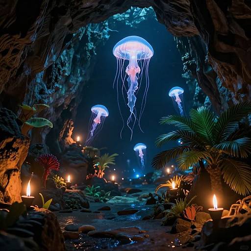 Photograph of a glowing underwater cave with bioluminescent jellyfish, lit by candles, surrounded by colorful plants and rocks.