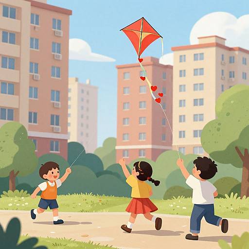 Digital illustration of three children flying a red diamond kite in a sunny urban park, with tall buildings and green trees in the background.