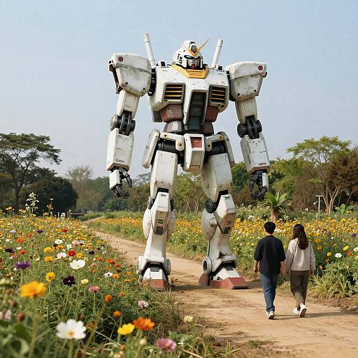 Futuristic Mech in Flower Field