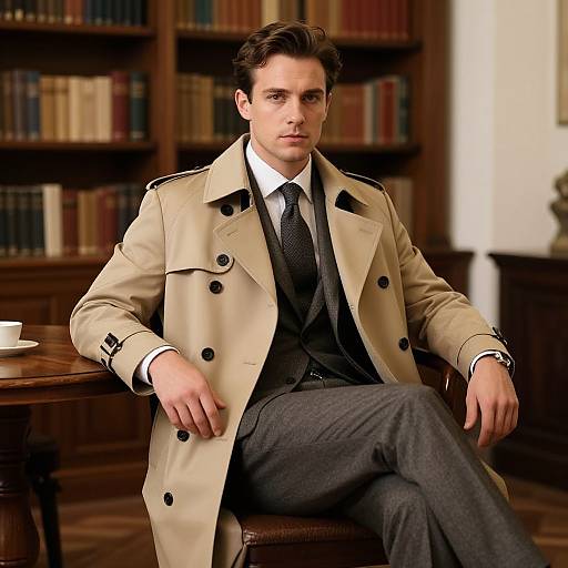 Photograph of a handsome, fair-skinned man with dark hair, wearing a beige trench coat, black suit, and tie, seated in a library