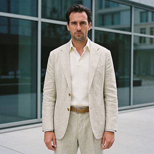 Photograph of a handsome man with dark hair and beard, wearing a white suit and shirt, standing in front of modern glass buildings.