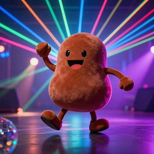 Photorealistic CGI of a furry, brown, round character with black eyes and a smiling mouth, dancing on a stage with vibrant, multicolored