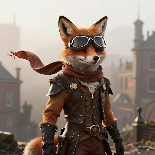 Digital art of an anthropomorphic fox in steampunk attire, with goggles, brown scarf, leather vest, and gloves, standing in a foggy