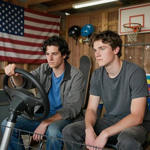 Young Men in a Rustic Shed Scene