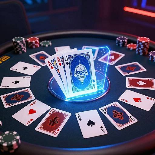 Photorealistic CGI of a glowing blue Ace of Spades card hovering over a poker table with scattered poker chips and playing cards.