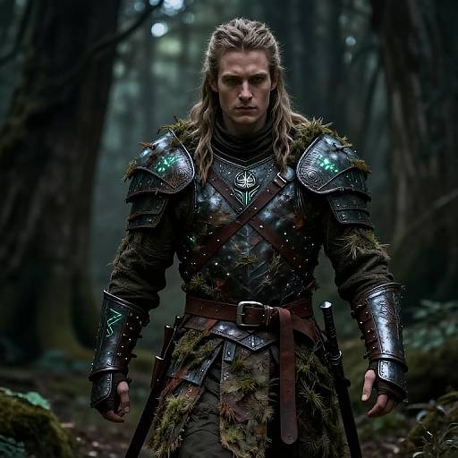 Photograph of a muscular, blond-haired man with long hair, wearing medieval armor with green glowing accents, standing in a dark, misty forest.