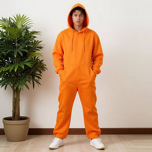 Photograph of a young man with medium brown skin wearing an orange hoodie, matching pants, and white sneakers, standing in front of a potted plant