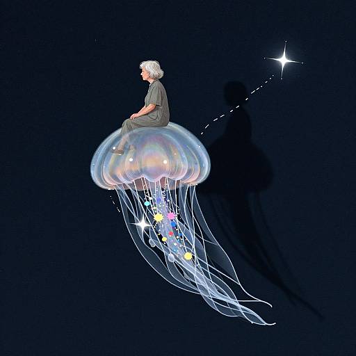 Digital art of a white-haired person sitting on a glowing, translucent jellyfish with colorful tentacles against a dark blue background.