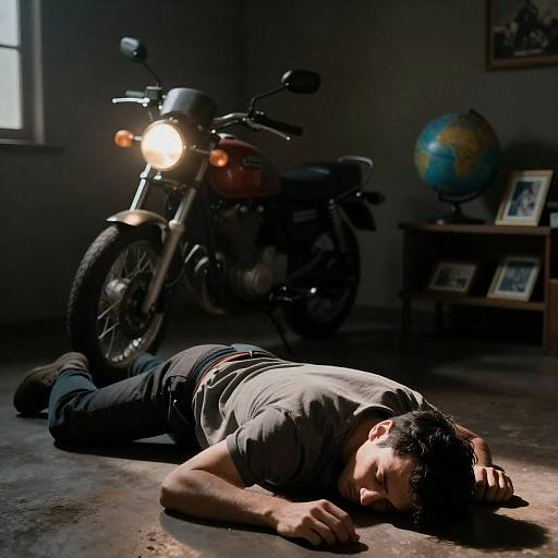 Dark Sunlit Room: Fallen Man and Motorcycle