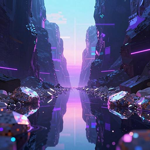 CGI sci-fi cityscape with neon lights, towering futuristic buildings, and a reflective, glowing purple-pink central pathway. Vibrant, cyberpunk