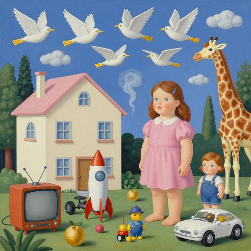 Surreal Garden Scene with Girl and Toys