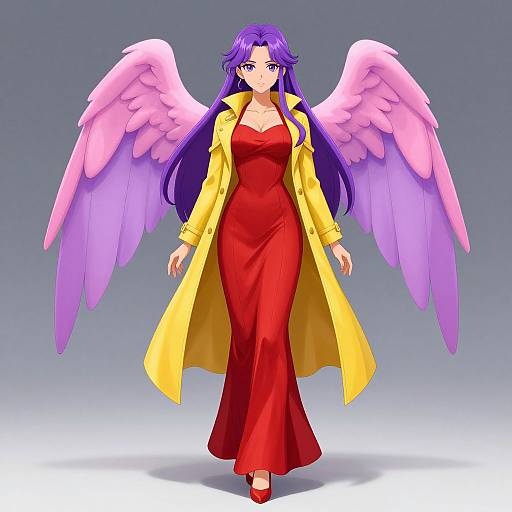 Digital anime-style drawing of a purple-haired woman with pink angel wings, wearing a red dress and yellow coat, standing confidently.