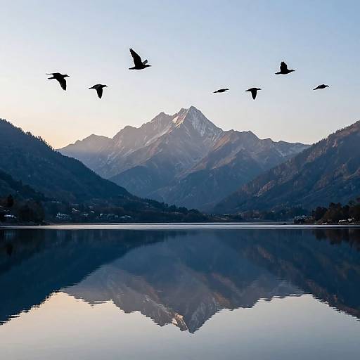 Photograph of serene mountain landscape at dawn, featuring a reflective lake, silhouetted birds in flight, and snow-capped mountains.