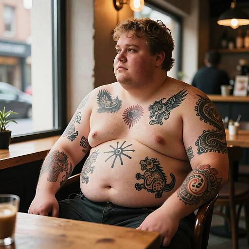 Photograph of a shirtless, overweight man with numerous black tattoos on his chest, arms, and belly, sitting in a dimly lit café.