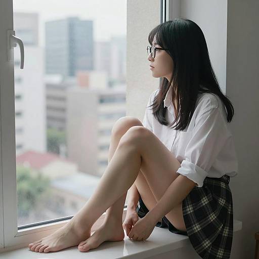 Asian Woman on Window Sill in City