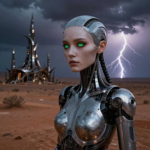 Photorealistic CGI of a silver, cybernetic woman with glowing green eyes and intricate circuitry, standing in a desert before a futuristic castle with