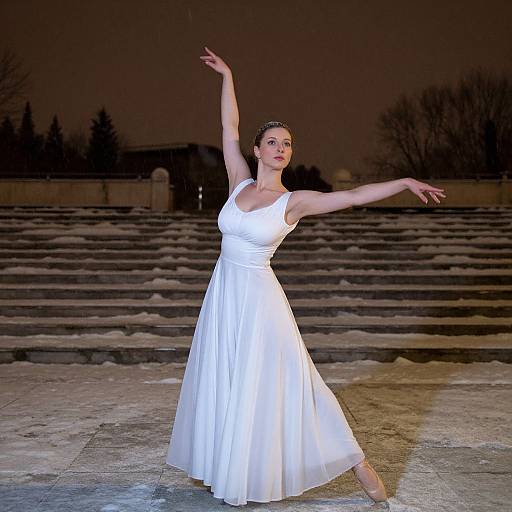 Photograph of a woman in a white, sleeveless, flowing dress, performing a ballet pose on stone steps at night.