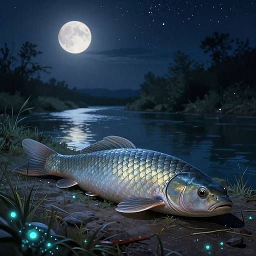 Moonlit night scene with a shimmering, detailed fish on a riverbank, surrounded by glowing fireflies and silhouetted trees.