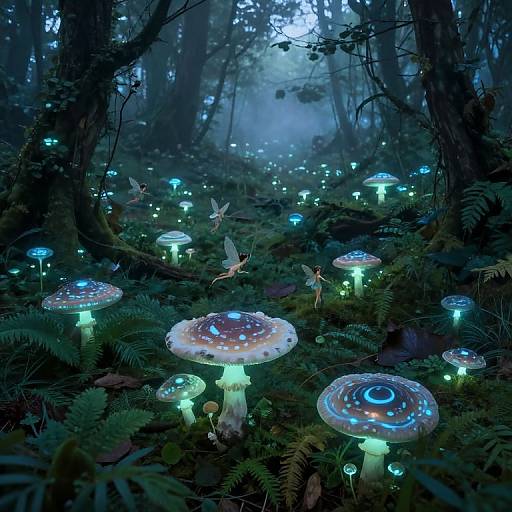 Photograph-style digital art of a mystical forest at night, illuminated by glowing blue and green mushrooms, surrounded by small, luminescent fairies and