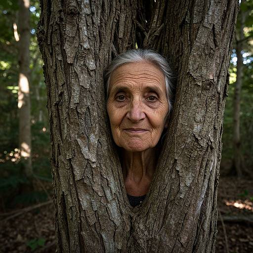 Photograph of an elderly woman with gray hair, wrinkled face, and deep-set eyes, peeking through the thick bark of a tree in a