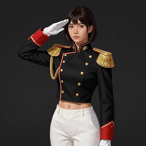 Digital art of an Asian woman with short black hair, saluting. She wears a black military-style jacket with gold epaulettes, white pants