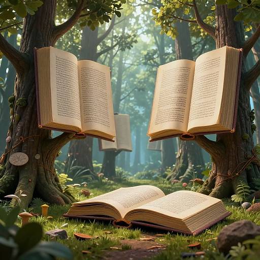 Photorealistic CGI of enchanted forest with three open books floating and one lying on grass, surrounded by mushrooms and sunlight filtering through trees.