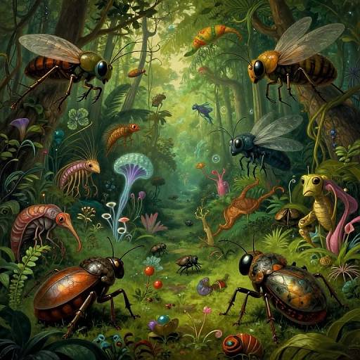 Vibrant digital illustration of a lush, magical forest filled with colorful, oversized insects, including beetles, wasps, and caterpillars,