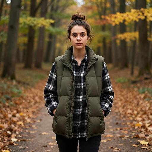 Young Woman in Autumn Forest Path