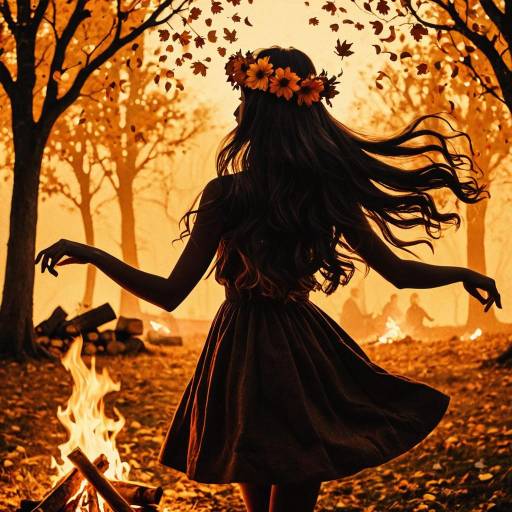 Silhouette of Girl Dancing by Campfire in Autumn Forest