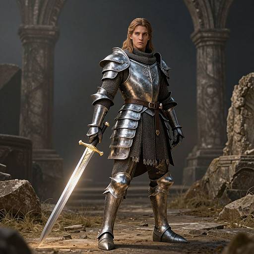 Photorealistic CGI of a blond, armored knight with a silver sword, standing in a ruined, dark medieval stone courtyard.