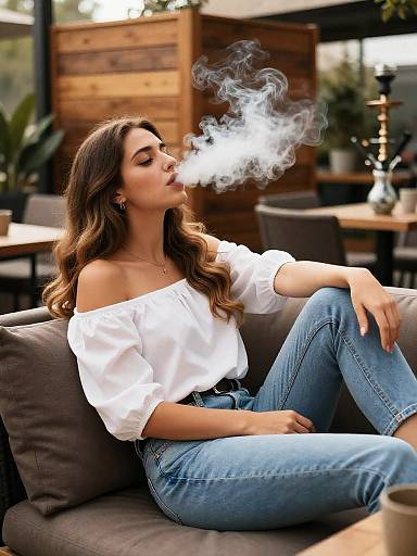 Candid Woman Smoking Shisha on Terrace