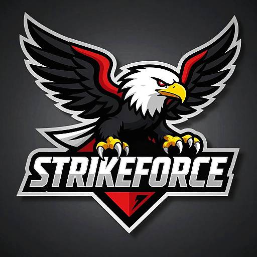 Digital logo of a fierce, stylized bald eagle with black wings, white head, yellow beak, and red accents, perched on 