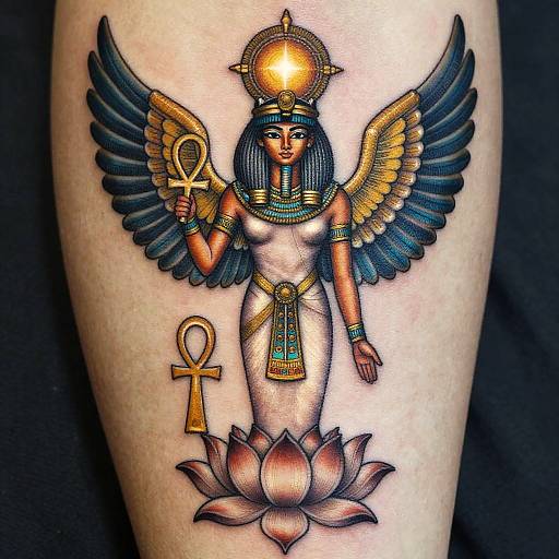 Vibrant tattoo of an ancient Egyptian goddess with blue wings, holding an ankh, wearing a golden headdress and necklace, standing on a lot