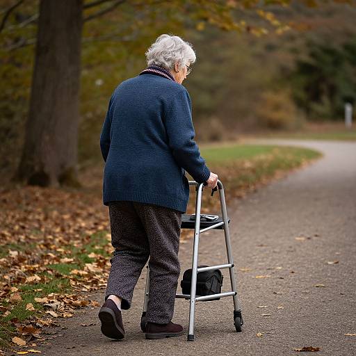 Photograph of an elderly woman with short white hair, wearing a blue sweater and gray pants, walking on a leaf-laden path using a silver walker