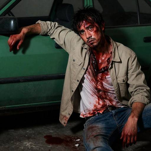 Man with Bloody Face by Green Car