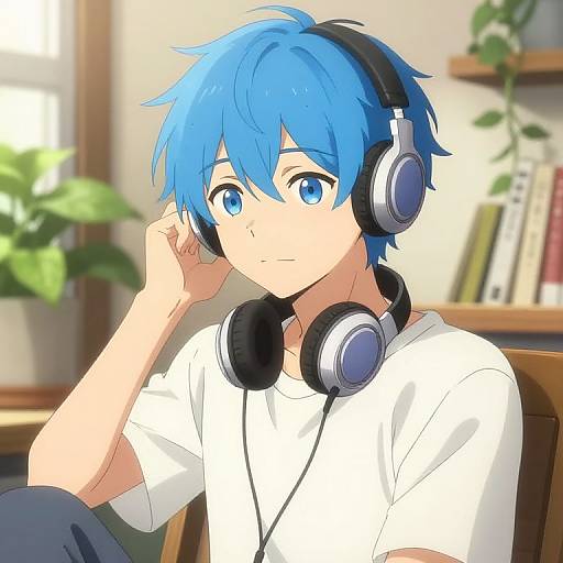 Digital anime-style drawing of a blue-haired, blue-eyed boy wearing headphones, white t-shirt, adjusting his earpiece, with a blurred indoor background.