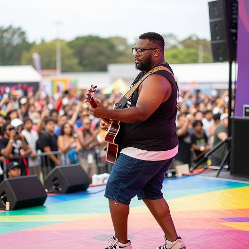 Photograph of a large, bearded African American man with glasses, wearing a black sleeveless shirt and denim shorts, playing an acoustic guitar on a