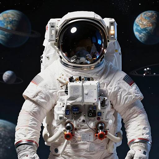 Astronaut in Futuristic Space Suit with Distant Planets
