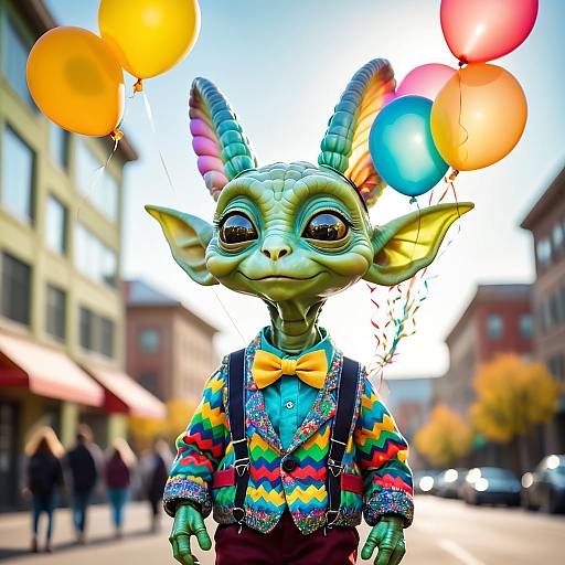 Green Alien Creature with Balloons in Urban Setting