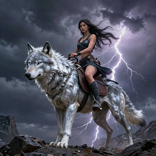 Digital artwork of a fierce woman with long black hair riding a glowing white wolf amidst a stormy sky with lightning.