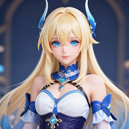 Digital anime-style portrait of a blonde woman with blue eyes, blue and white fantasy armor, blue horns, and a blue choker.