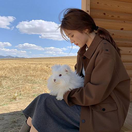 Woman with Fluffy Pet in Golden Field