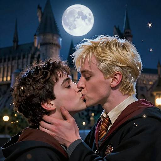 Photograph of two young men, one with brown hair and the other with blonde hair, kissing under a full moon in front of a Hogwarts castle,